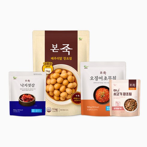 본죽오징어초무침 - [본죽] 낙지젓갈 외 냉장반찬 세트 B ( 메추리알1kg+미니장조림+낙지젓갈+오징어초무침)