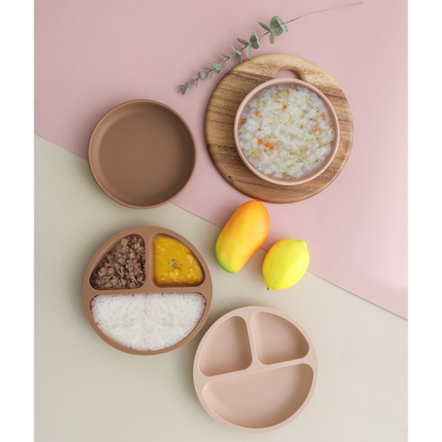 [움바움바] 아기 유아 실리콘 식기 흡착 칸막이 식판 원형 나눔 플레이트, 원형 플레이트 (숟가락 미포함), 베어 브라운