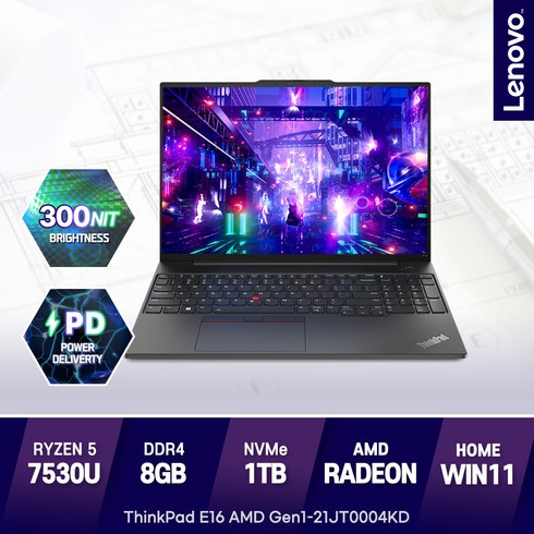 레노버 씽크패드 E16 AMD Gen1-21JT0004KD R5-7530U 가성비노트북, 21JT0004KD, WIN11 Home, 8GB, 1TB, 라이젠5, 블랙