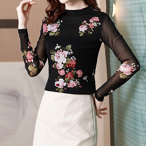 2023년 가성비 최고 레이어드 티블라우스 - 다이뻐 리틀깽스 빅사이즈 사계절스판 슬림 하객패션 이너 레이어드 플라워 꽃 시스루 레이스 블라우스 목폴라 티