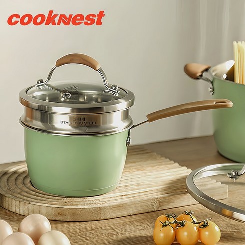 CookNest 소형 편수 냄비 304 스텐 인덕션 밀크팬 라면 1인용 이유식 찜기 냄비, 1개, 녹색, 16cm