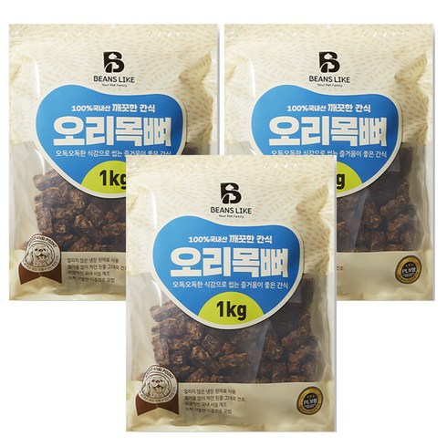 빈즈라이크 오리 목뼈 3kg (1kgx3팩) 대형견 애견간식, 단품