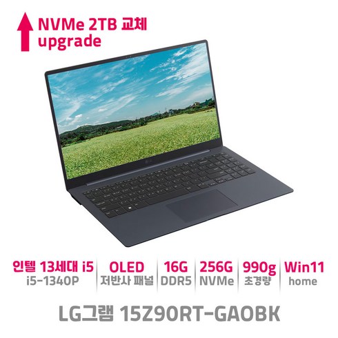 LG전자 그램 15Z90RT-GAOBK 초경량 그램 990g 인텔 13세대 i5, WIN11 Home, 16GB, 2TB, 코어i5, 넵튠 블루