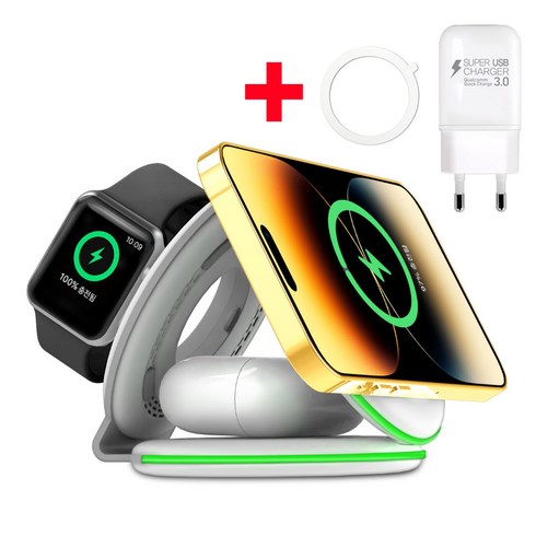 UM2 3in1 무선충전기 맥세이프 아이폰 애플워치 에어팟 UMWH-A3in1-W, 충전기+맥세이프링