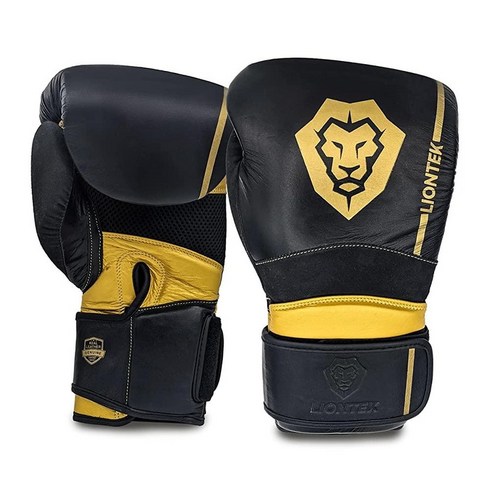 Liontek 남성 및 여성용 무에타이 킥복싱 스파링 펀칭 백 트레이닝 용 프리미엄 가죽 복싱 글러브, Black and Gold