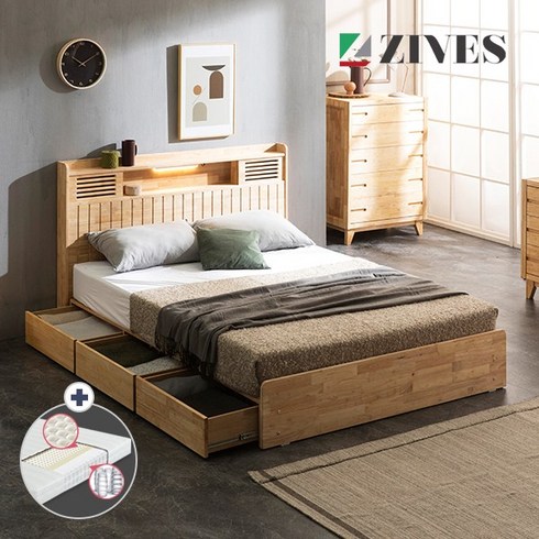 [지베스] 브루노 LED 원목 3단 침대 Q_라텍스50T