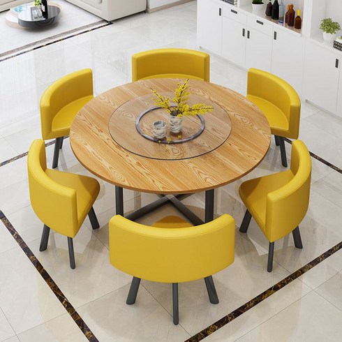 6인용 원형 식탁 세트 6인 테이블 타원형 벤치형, 노란색 통나무 + 턴테이블 + 노란색 나무 껍질