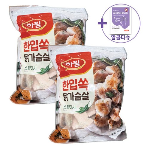 코스트코 하림 한입쏙 스파이시 닭가슴살 1200G X 2 [아이스박스] + 더메이런알콜티슈, 1.2kg