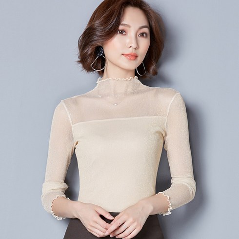 여성 망사 시스루 반폴라 투명 반목 샤이닝 블라우스 티셔츠