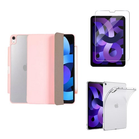 케이스나라 강화유리+젤리 아이패드 에어5/4세대 호환 10.9 애플펜슬 수납 클리어 케이스, 베이비핑크