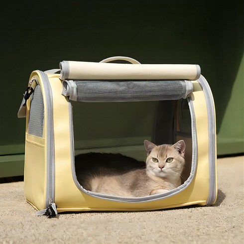 ZOZOFO 고양이 이동장 강아지 이동가방 반려동물 이동가방 삼면통풍 이동가방+이너쿠션, 담황색-[44*28*35cm]