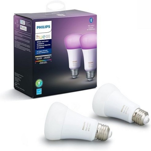 Philips Hue 화이트 및 컬러 앰비언스 2팩 A19 LED 스마트 전구 블루투스 지그비 호환 (Hue 허브 옵션) 알렉사 구글 어시스턴트 작동 - 휴먼 디바이스 인증 2, 화이트 & 컬러 앰비언스, 2 Pack_베이스 루멘(60W) | 스마트 전구
