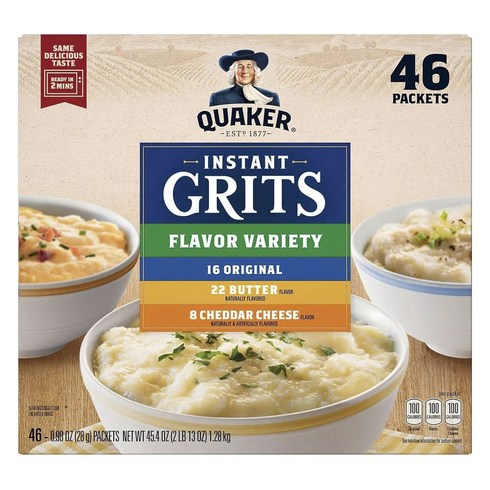 그릿 - 퀘이커 Instant Grits Flavor Variety Original 16개입 + Butter 22개입 Cheddar Cheese 8개입, 1.28kg, 1개