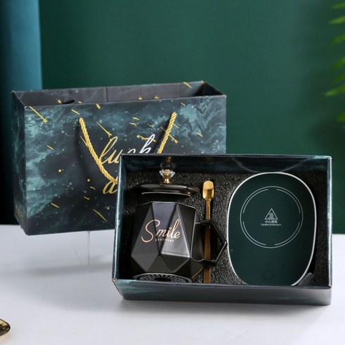 2023년 가성비 최고 젖병보온받침대 - QICH 컵 워머기 55도 온도유지보온 컵받침대 선물세트, 온열 컵받침+머그컵+선물포장, 블랙