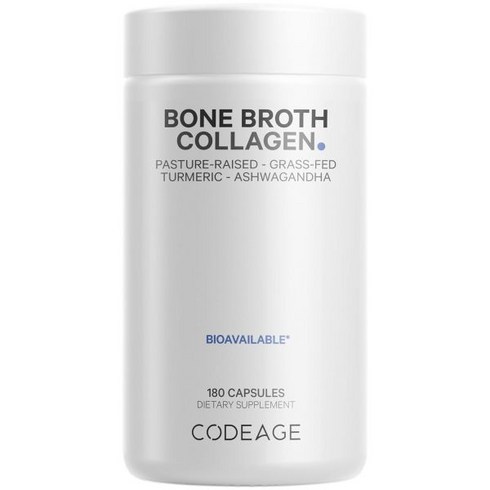 Codeage 코데이지 유기농 뼈 육수 콜라겐 펩타이드 캡슐 보충제 풀 먹인 사골 육수 방목 닭 강황 & 아슈와간다 뼈 연골 피부 관절 지지대 - 180캡슐, 1, 기타