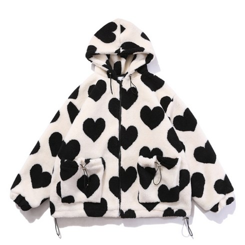 여성 겨울 Faux Fur 긴 소매 후드 자켓 하라주쿠 러브 하트 풀 프린트 집업 플러시 코트 오버사이즈 파카스