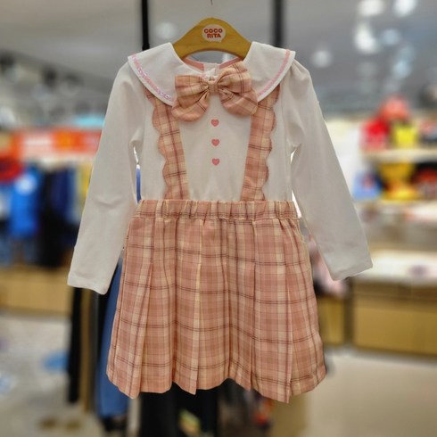 코코리따 사랑스럽고 단정 깔금한 핑크 체크 레이어드 멜빵 스타일 스쿨룩 신학기 원피스