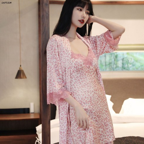 CNTCSM 봄여름 섹시 호피 나시 스커트 아이스 실크 잠옷 여 얇은 새틴 쉬폰 가운 투피스 가슴 패드 홈웨어