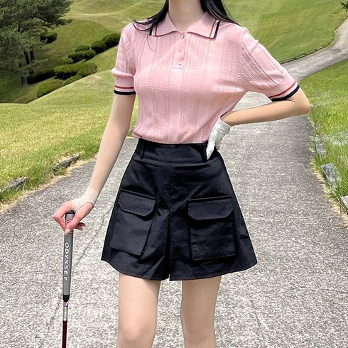 DKNY GOLF 24SS 여성 라운드 썸머 니트 2종  스카프 1종 - 엠엠스포츠 여성 여름 펀칭 카라 5부 골프 반팔 니트