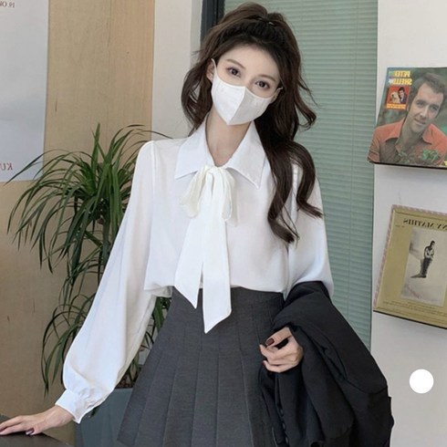 라라벨 여성용 블라우스 카라넥 리본 스트랩 무지 긴팔 로맨틱 블라우스