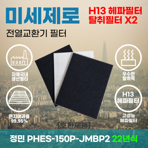 정민 PHES-150P-JMBP/2 22년형 전열교환기필터 아파트환기장치필터 헤파필터 H13등급 미세제로, 미세제로H13헤파필터+탈취카본필터2장(세트)+8000원