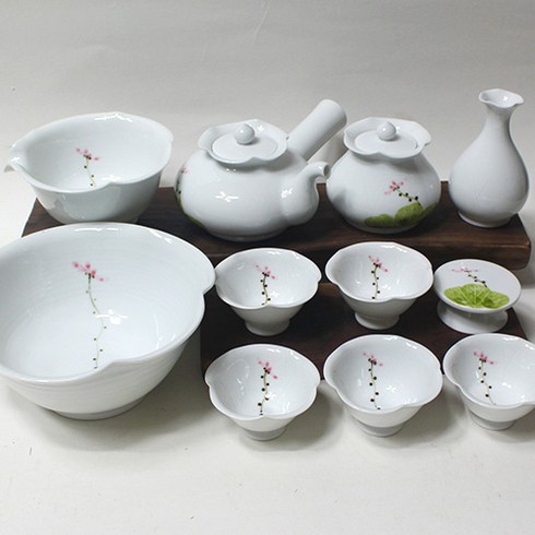부산도자기공방 - 이천도자기 토비 (고급) 백자 연화문 5인다기 풀세트 차/다기 세트, 세트