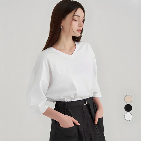 ELLE PARIS 오버핏 브이넥 7부 티셔츠