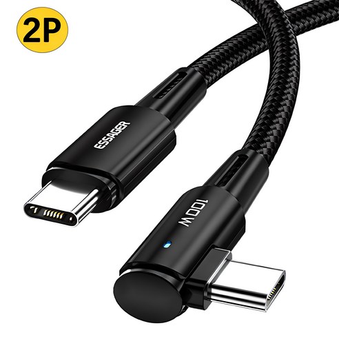 Essager 90도 C타입 PD 100W 초고속충전케이블 2개입 iphone 16 고속충전 지원, 블랙, 2개, 2m