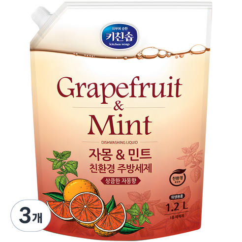 키친솝 자몽 앤 민트 친환경 주방세제, 1.2L, 3개