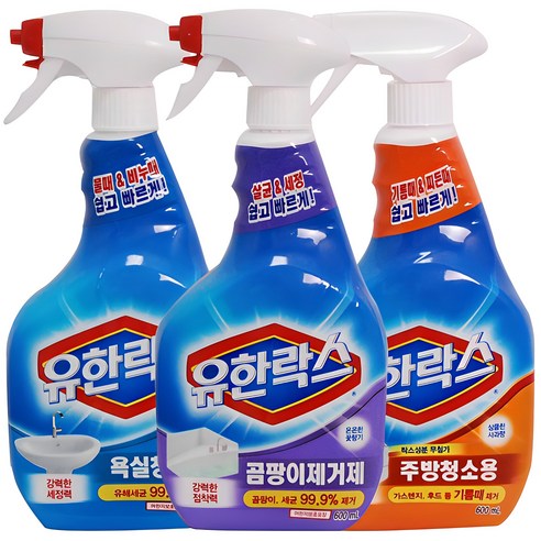 유한락스 욕실청소+주방청소+곰팡이제거제 600ml 스프레이, 3개 
청소/주방세제