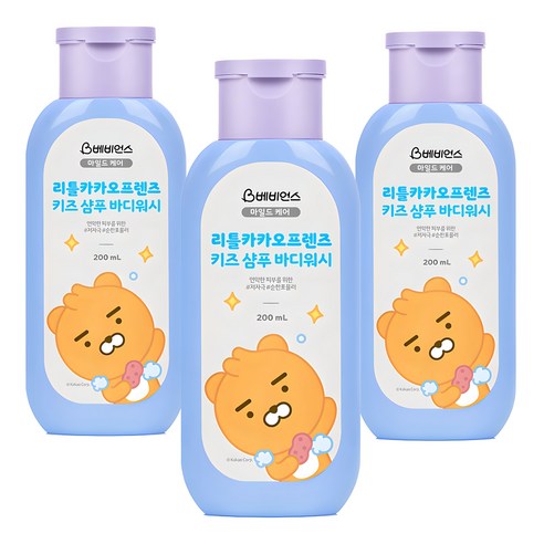 베비언스 리틀카카오프렌즈 키즈 샴푸 바디워시 라이언 파우더향, 200ml, 3개