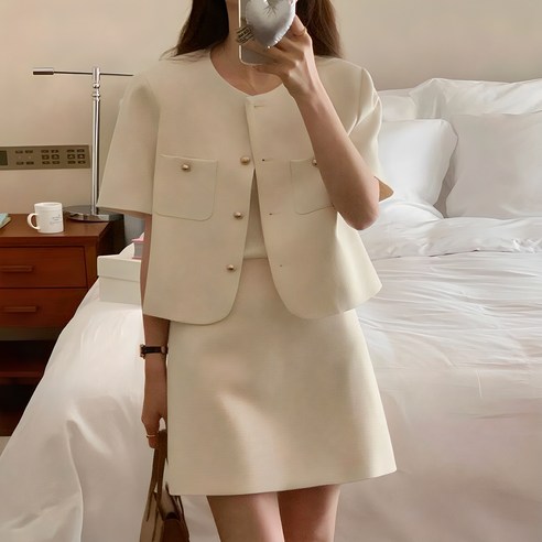 투피스 세트 노카라 반팔 여성 자켓 미니 스커트 여름 셋업