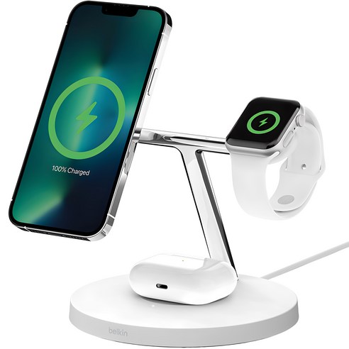 벨킨 부스트업 프로 3in1 맥세이프 15W 무선 충전 스탠드 WIZ017kr, 1개, 화이트 벨킨3in1 벨킨 부스트업 프로 3in1 맥세이프 15W 무선 충전 스탠드 WIZ017kr, 1개, 화이트 벨킨3in1