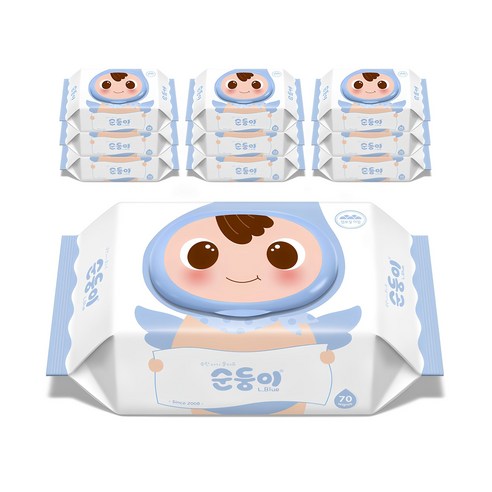 순둥이 오리지널 플러스 엘블루 아기물티슈 캡형 75평량, 75g, 70개입, 10세트