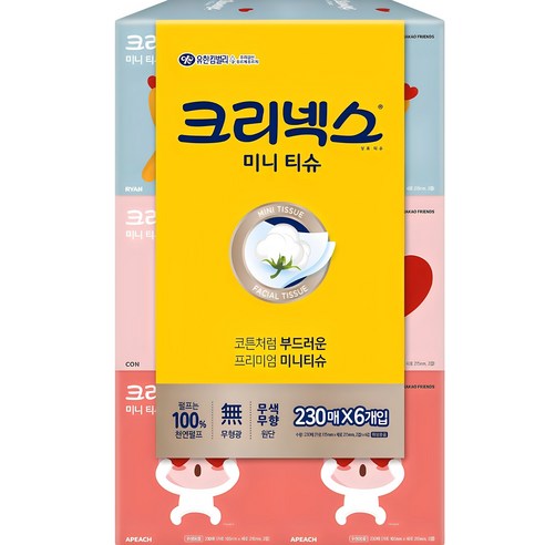 크리넥스 천연펄프 카카오 디럭스 미니 각티슈 2겹, 230개입, 6개