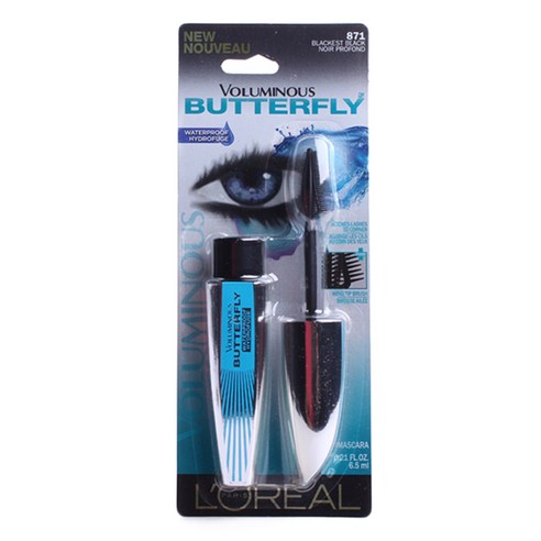 L''Oreal 볼류미너스 버터플라이 워터프루프 마스카라 6.5ml, Blackest Black, 1개
