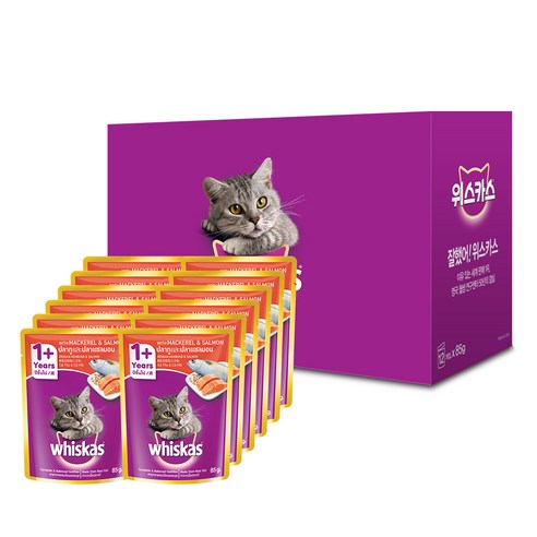 위스카스 어덜트 고양이 습식사료, 고등어+연어, 85g, 12개