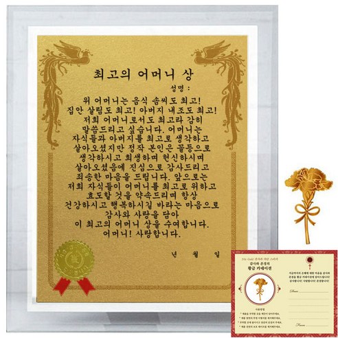 럭키심볼 크리스탈 감사패 8G 최고의 어머니상 + 24K골드 카네이션 전자파 스티커