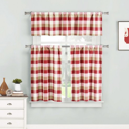 Home Maison 킹스빌 카페 티어스 키친 커튼 2종 세트, Red