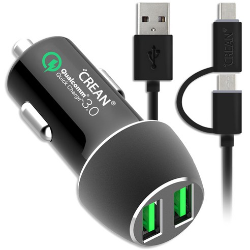 크레앙 퀵차지 3.0 트윈 카차져 + C타입 2 in 1 케이블, CREQCAR3TW, 블랙