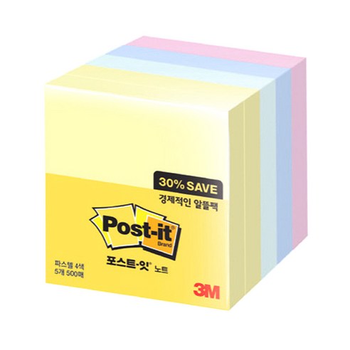 쓰리엠 포스트잇 알뜰팩 76 x 76 mm 654-5A 500매, 노랑, 애플민트, 크림블루, 러블리핑크, 5, 1개