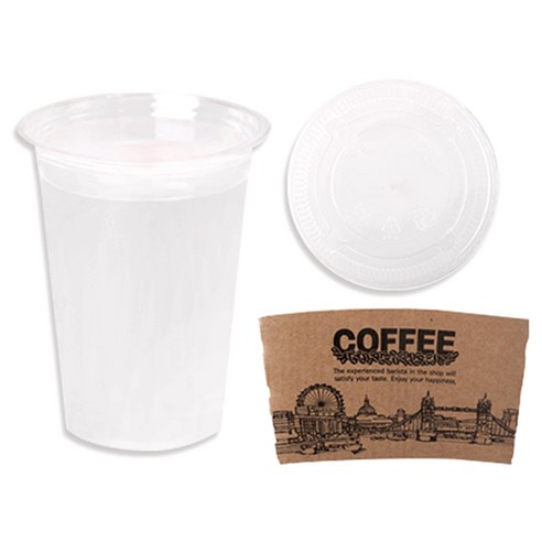 투명 PET 아이스컵+평뚜껑+홀더, 410ml, 100개입, 1세트