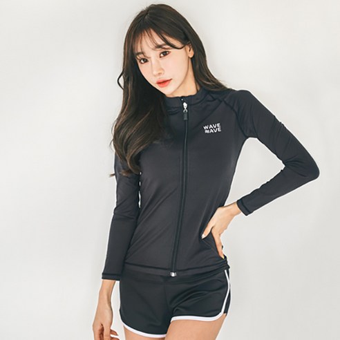 펀한커플 여성용 무지 집업 래쉬가드 상의 + 하의 세트 BE4114