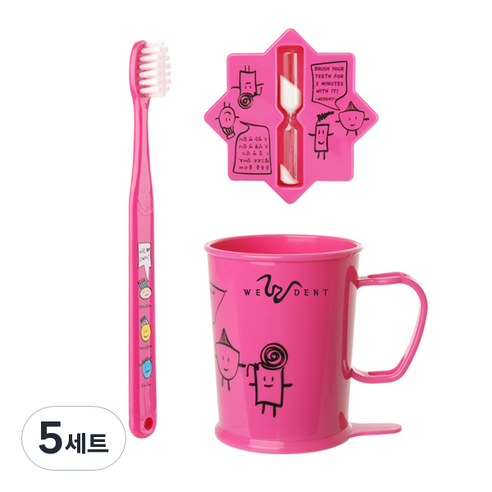 위덴 어린이 칫솔 8~11세 + 양치컵 + 모래시계 세트 핑크, 5세트