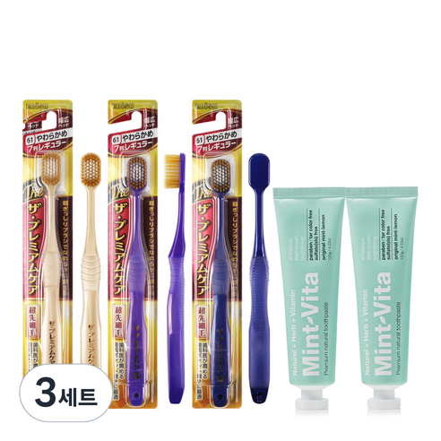 EBISU 더프리미엄케어 7열 광폭헤드 칫솔 랜덤발송 3p + 오리지널 민트비타치약 120g 2p 세트, 3세트