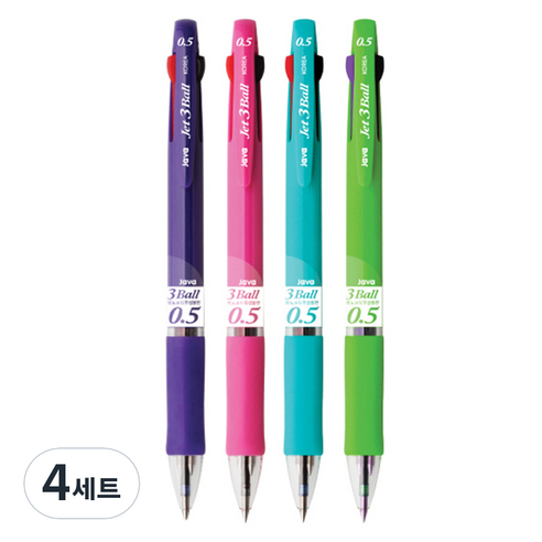 자바펜 제트3볼 다색펜 4p 0.5mm, 보라, 핑크, 민트, 연두, 4세트