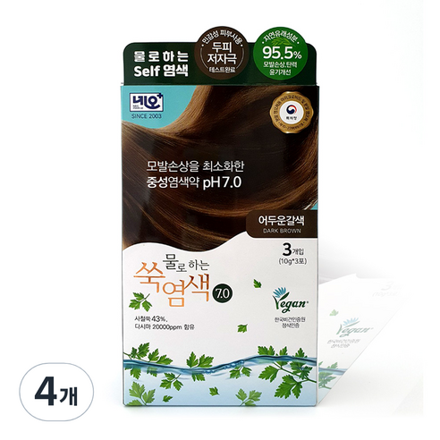 네오메디칼 자연유래 성분 산화제없는 물로하는 쑥염색약 7.0 3p, 어두운갈색, 4개