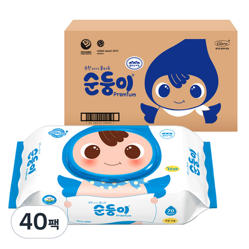 순둥이 프리미엄 엠보싱 유아물티슈 캡형 무향 NC-01, 70개입, 40세트