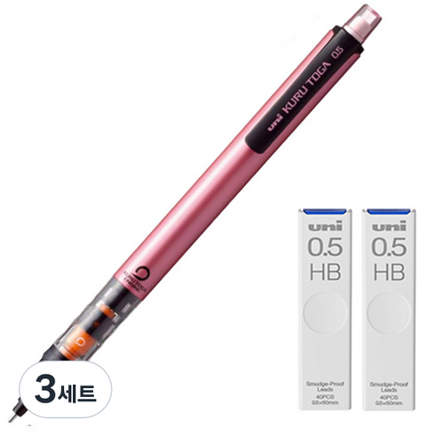 유니 쿠루토가 샤프 파이프슬라이드모델 핑크 M5-452 + 쿠루토가 전용 샤프심 HB 2p 세트, 3세트, 0.5mm