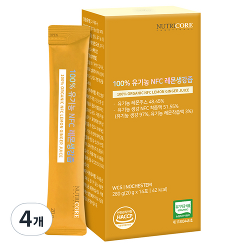 뉴트리코어 유기농 NFC 레몬생강즙 14p, 280g, 4개